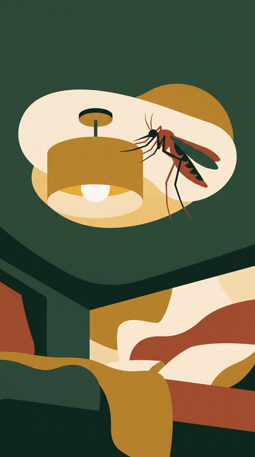 Ilustrácia: komár sedí pri stropnej lampe nad posteľou