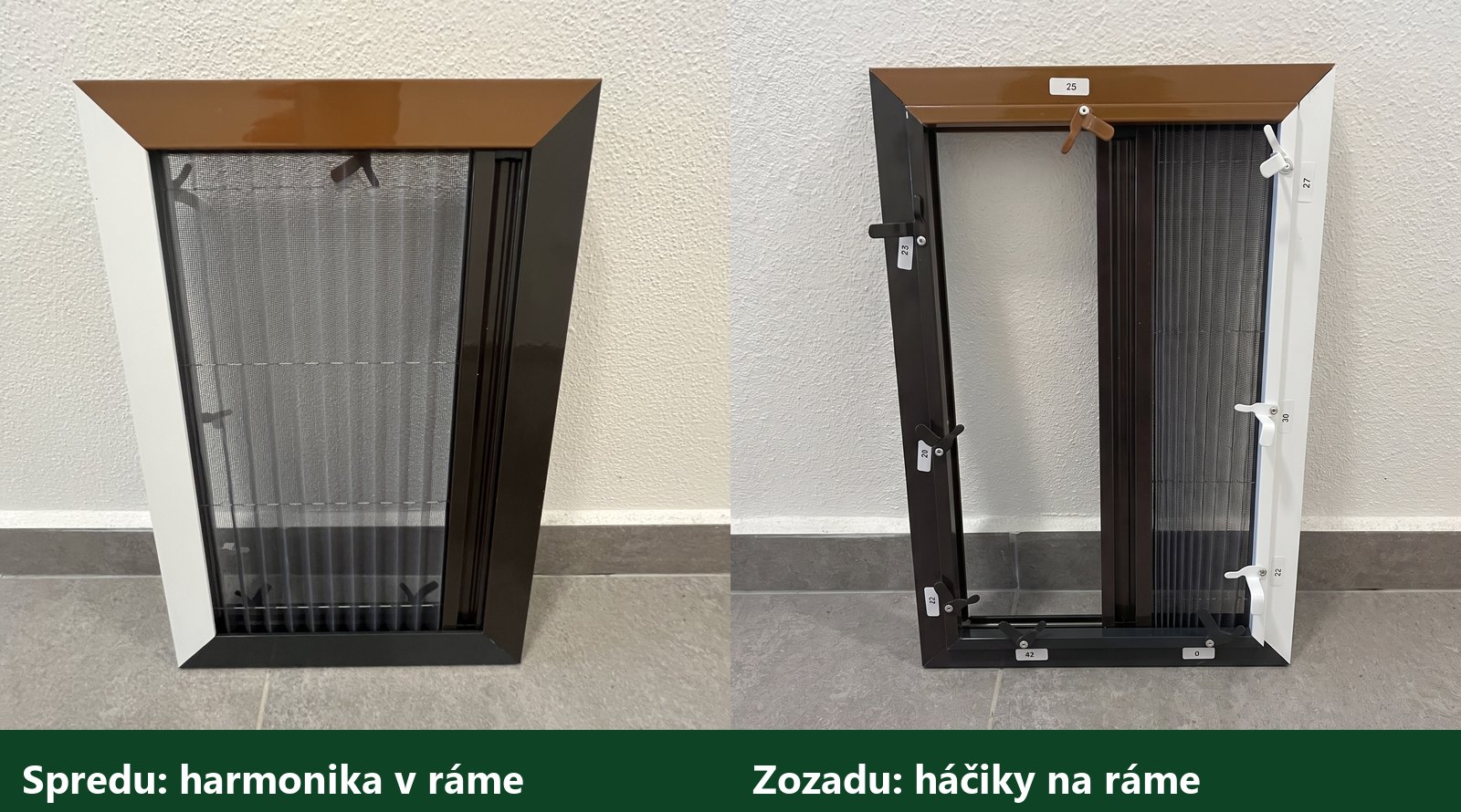 Maketa plisé sieťky na okno: spredu harmonikovo skladaná sieťovina v ráme, zozadu háčiky na ráme