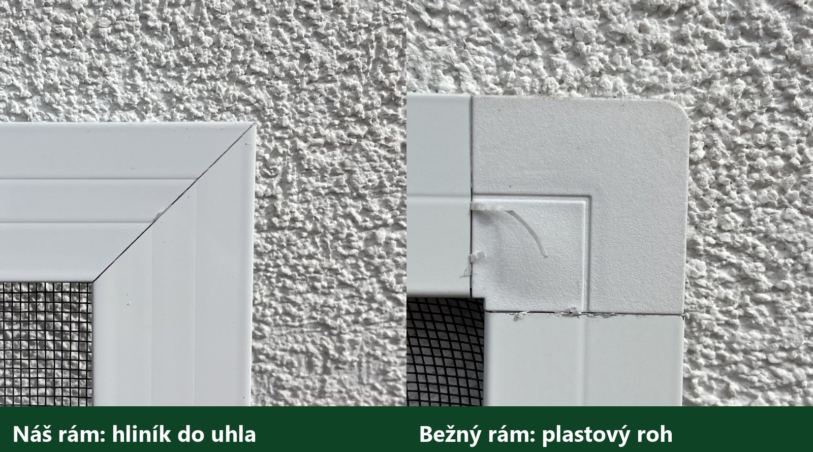 Porovnanie rohov rámu sieťky: vľavo hliníkový profil zrezaný do uhla, vpravo bežný rám s plastovou rohovou spojkou