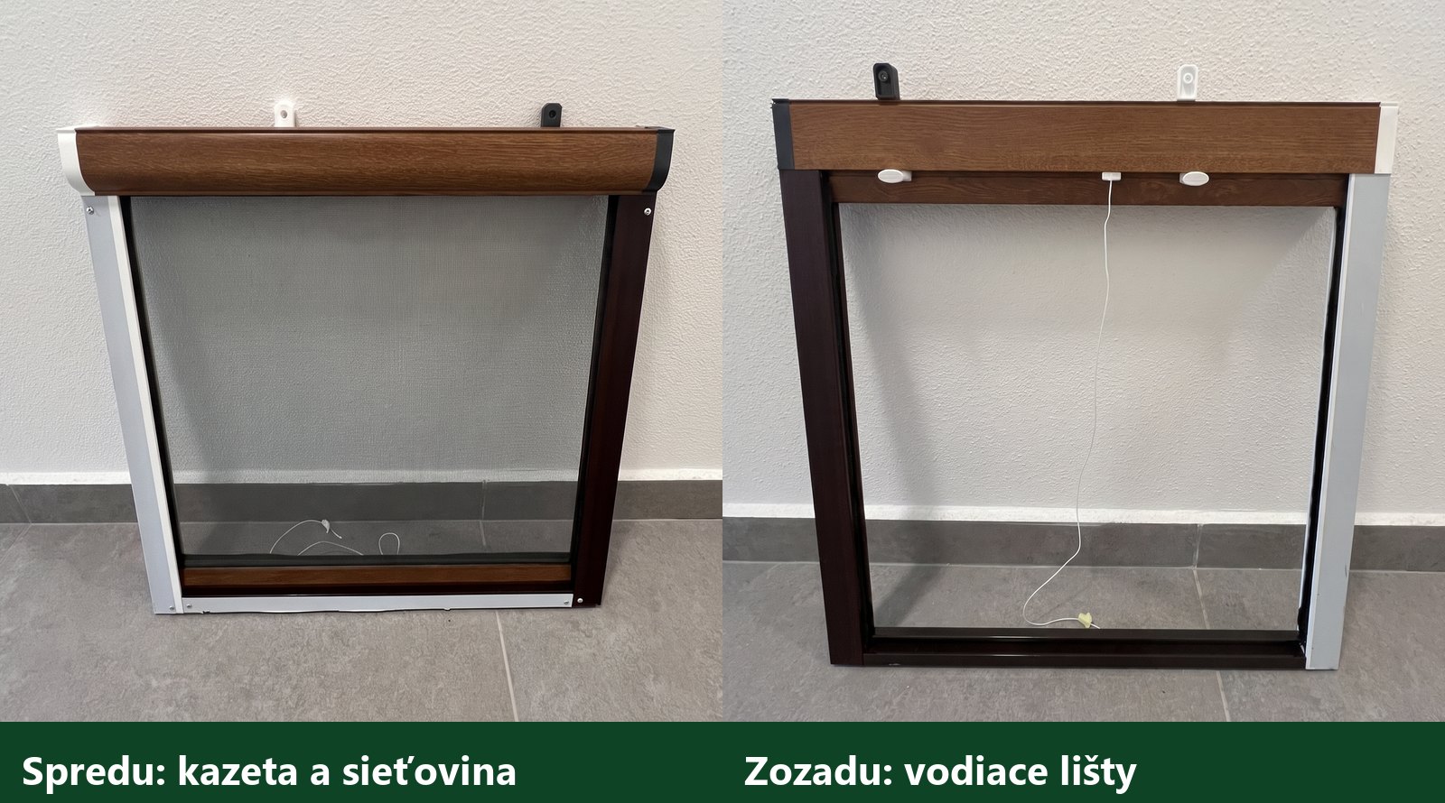 Maketa rolovacej sieťky: spredu kazeta s vysunutou sieťovinou, zozadu vodiace lišty